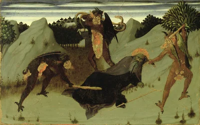 St. Antonius von Teufeln geschlagen, Tafel vom Altarbild der Eucharistie, 1423-26